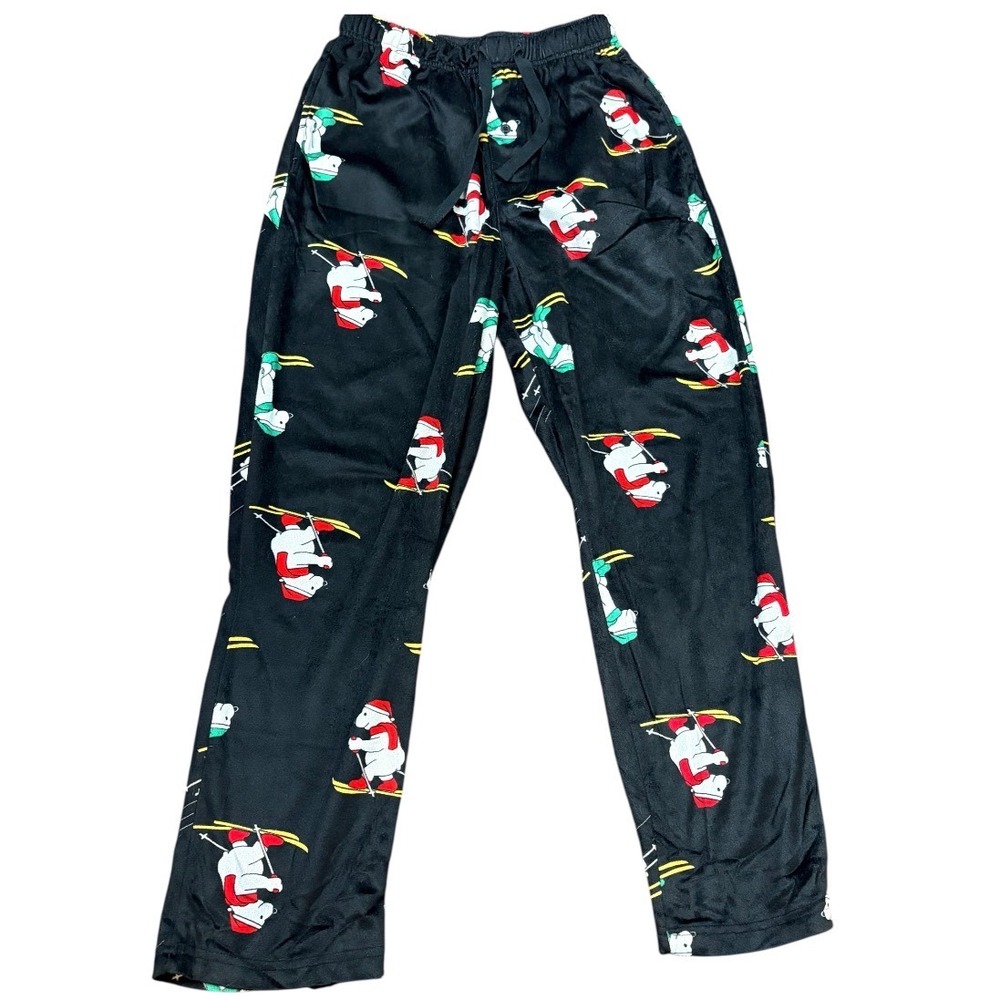 Pajama‎ Pants Mens Small Black Skiing Polar Bear Fleece Sleepwear Holiday